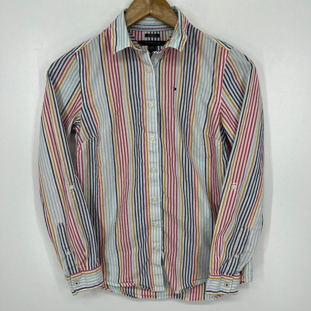 Tommy Hilfiger Womens XXS Relaxed Fit Striped Button Down Shirt Roll Tab Sleeve